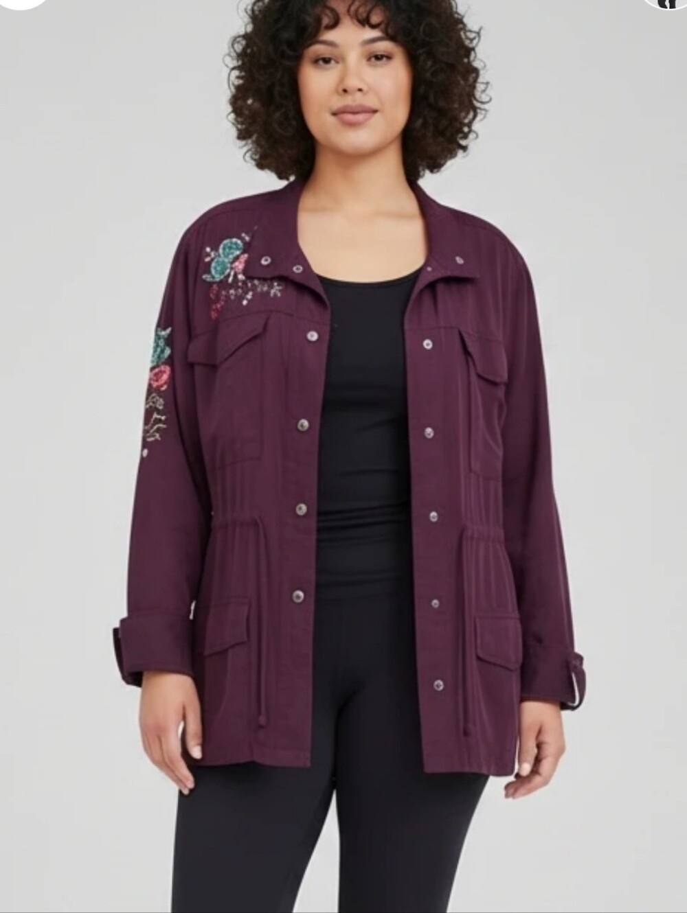 Fourteenth Place XXL Plum Burgundy Embroidered Floral Utility‎ Jacket Snap Front